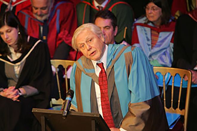 Sir David Attenborough delivering a speech after receiving an honorary doctorate from Kingston University during the first year graduations were held at the Rose Theatre in 2008..