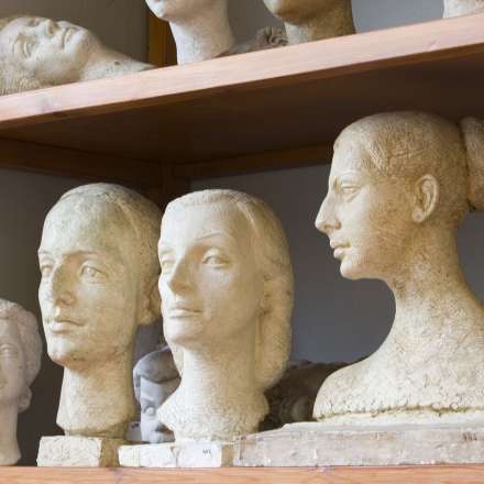 Dorich House shelves showing sculptures