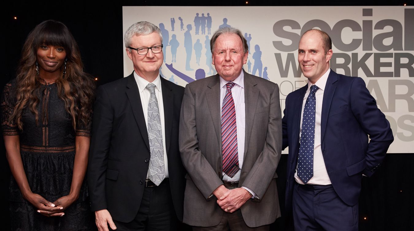 Professor Ray Jones (second left) with, left to right, celebrity Chef and Awards Patron Lorraine Pascale,Peter Hay CBE, Chair of the Social Work Awards and James Rook, chief executive of headline sponsor Sanctuary Social Care.