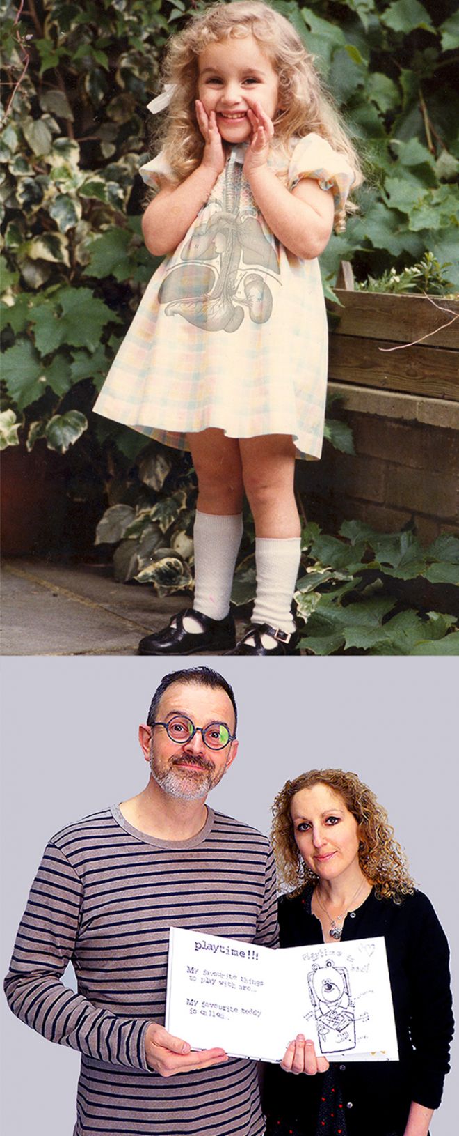 Photo of Georgina Potier as a 7 year old child and a photo of Dr Jake Abrams with Georgina Potier and the My New Kidney book.