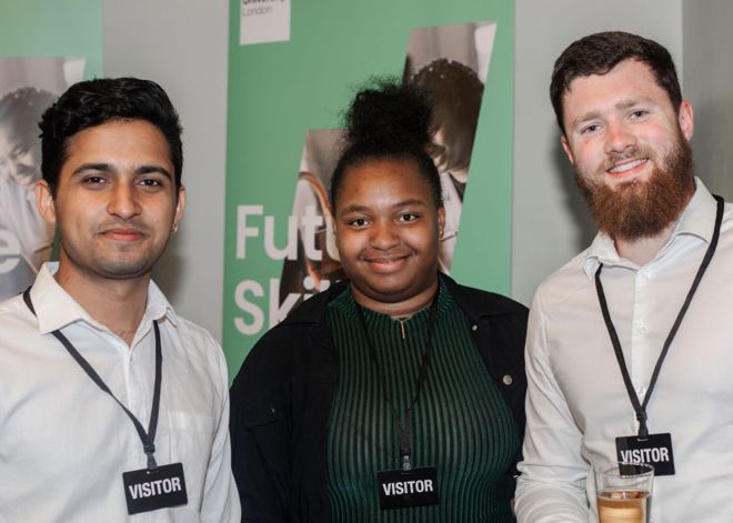 Engineering students Dhruv Goenka, Denise Ekugwum and Charlie Horne (L-R) attended the launch of Kingston University's Future Skills report at the House of Commons