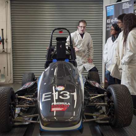 Racing car in the automotive engineering lab