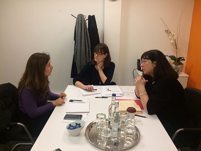 Dr Meg Jensen and collaborators Dr Siobhan Campbell of the Open University and Asmaa Al Ameen of the INMAA organisation in Iraq during their collaboration and scoping session