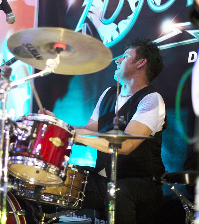 A photograph of Steve Weaver, drummer for Thin White Duke, Bowie tribute band.