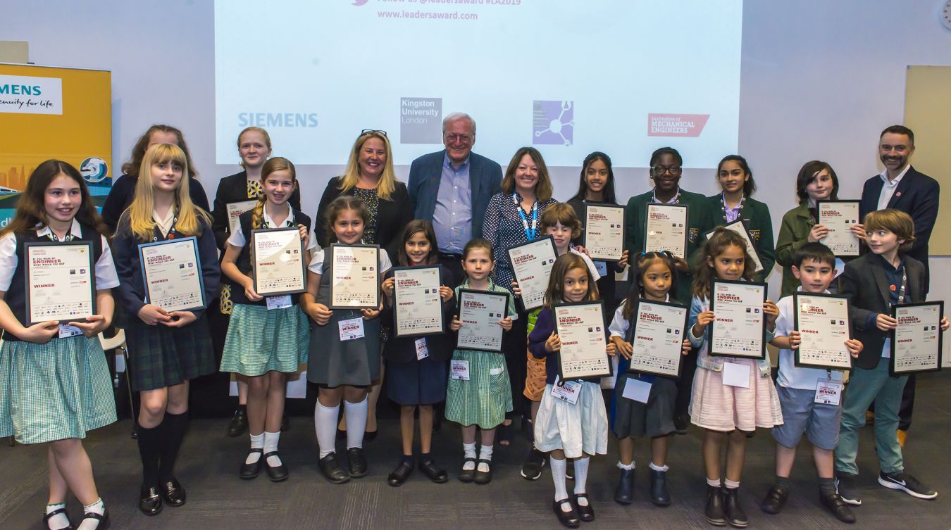 The primary and secondary school pupils who were named winners at this year\'s Primary Engineer London awards at Kingston University, with Professor John Perkins, former chief scientific adviser to the Department for Business Innovation and Skills, Dr Lucy Jones and Stacey Davies, Head of Finance for Siemens Global Business Services, North West Europe.