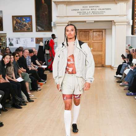 Marcel's collection inspired by male locker rooms features twisted football shirts printed on mesh. Photo credit - Sean Wyatt.