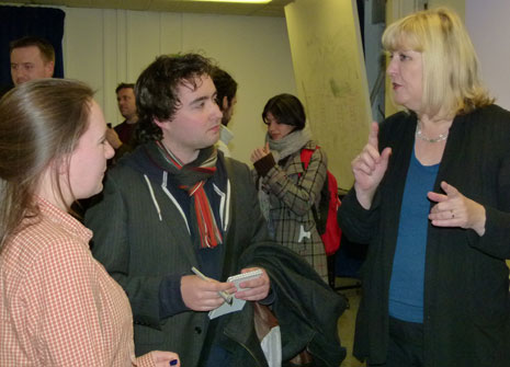 L-R Graphic design students Harriet Weeks and Jon Quinnell with DreamWorks Animation's Shelley Page.