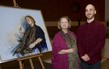 Kingston University fine art graduate Nick Lord with author Hilary Mantel and the completed portrait now hanging in the British Library.