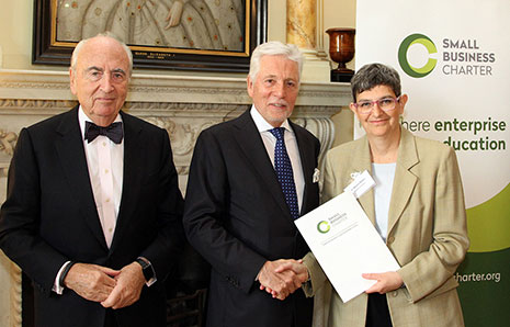 Dr Martha Mador picked up the Small Business Charter Award for Kingston Business School from Government small business adviser Lord Young (left) and Sir Peter Bonfield, chair of The Small Business Charter Management Board.
