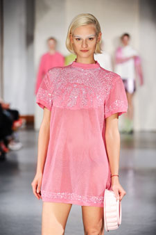 Krista Hendriksen has designed a dress covered in pastel pink sequins, reminiscent of blancmange.