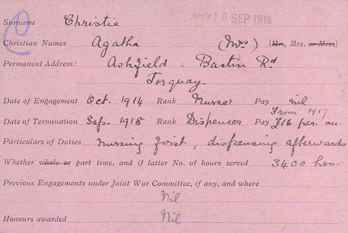 Agatha Christie's volunteer registration card is one of the archive's most popular items.