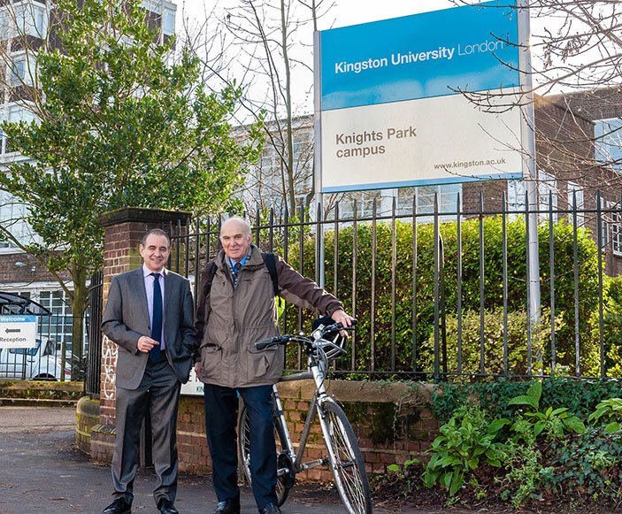 Dr Vince Cable MP showed Vice-Chancellor Professor Julius Weinberg that he practises what he preaches with regards to green travel, following the visit to Kingston University.