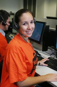 Student Amy Carr gets ready to answer calls on the Clearing hotline.