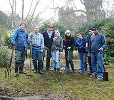 Kingston University volunteers (from left to right) John Fellowes, Tim Stafford, Jack Davison, Lynsey Stafford, Nicola Corrigan, Nicola Archer, Martin Crosby and Asif Venkata Mohamed all pitched in to clear the pond.