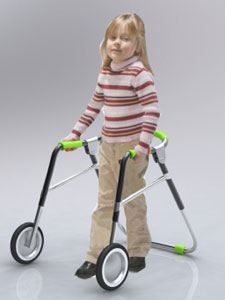The PSR walker for disabled children, by Daniel Rawlings, is designed to resemble a toy and folds for attachment to a wheelchair.