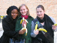 Geography students (from left to right) Grace Okala, Alicja Wojciechowska and Emma Tautz get one of their five-a-day. 