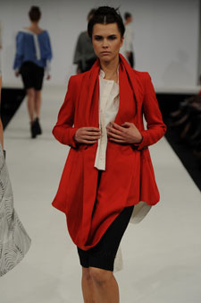 Vic Riches' collection makes use of bold colours, including blood red, sky blue and steel grey.