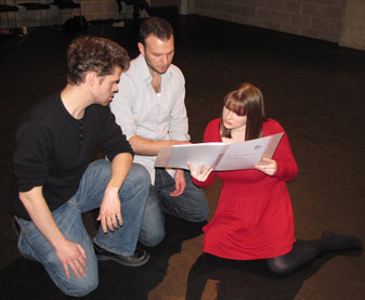 Students from the MA in Classical Theatre Matt Enos and Naomi Marsden run through their lines for As You Like It with actor David Sturzaker (centre).