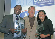 Leslie Thomas, right, collected his trophy from Michael Mansfield QC, centre, along with fellow award-winner and Garden Court Chambers colleague Shu Shin Luh.