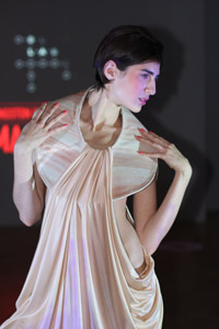 MA Fashion graduate Rachel Lamb used distinctive draping to symbolise wrinkles and the natural folds of the skin