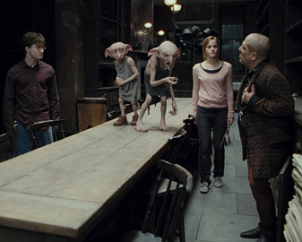 Christian’s creations, Dobby and Kreacher meet Harry, played by Daniel Radcliffe, and Hermione, played by Emma Watson. Image courtesy of Framestore and Warner Bros