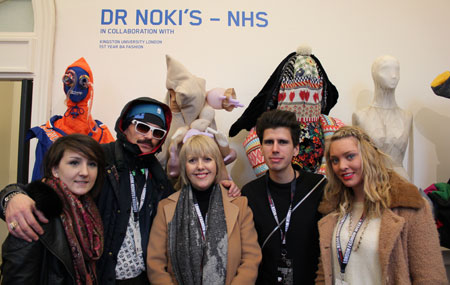Designer Dr Noki, second left, with Kingston University fashion director Elinor Renfrew, centre, and students Steph Smith, Juan Torkel Spade and Rebecca Partington at the Estethica exhibition.
