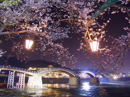 The Kintaikyo Bridge in western Japan is often photographed when the cherry blossoms are in bloom. Image courtesy of the Kintai World Heritage Promotion Office