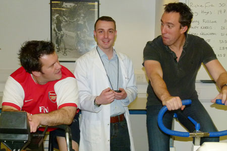 L-R Absolute Radio presenter Richie Firth with Dr Chris Easton and Christian O’Connell in the exercise physiology laboratory at Kingston University.