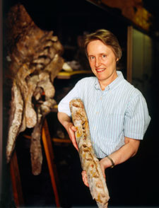 Dr Angela Milner holds the lower jaw of a huge relative of Baryonyx 