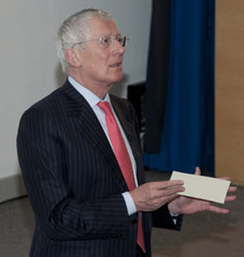 Nick Hewer told students that higher tuition fees could deter poorer students from going to university.