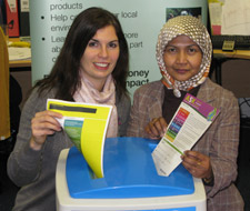 Nicola Corrigan and Nor Aziz from the Sustainability Team show off one of the recycling bins that have helped the University to increase the waste its recycles by a quarter  