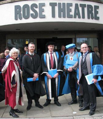 From right to left, Dean of Art, Design and Architecture Dr Simon Ofield-Kerr, Peter Bishop, Deputy Vice-Chancellor Dr David Mackintosh, Head of Architecture and Landscape Daniel Rosbottom and Head of Surveying and Planning Professor Sarah Sayce