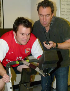 Competition was getting fierce between radio hosts Richie Firth, left, and Christian O’Connell as their teams prepared to go head to head in the football match.