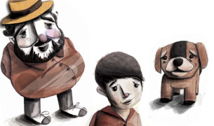 Student Sam Falconer's illustration of three characters from Sir Salman Rushdie's Luka and the Fire of Life.