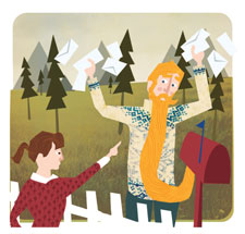 One of Kerry Hyndman's illustrations brings the Norwegian idiom "Caught standing with your beard in the mailbox" to life.