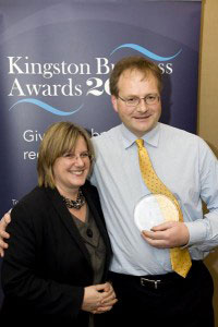 Deborah Lock with Malcolm Johnson, winner of the Best Business for Development and Training Award sponsored by Kingston University.